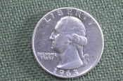 Монета 25 центов 1963 года. Буква D, Денвер. Liberty, In God we trust. Quarter dollar. США.