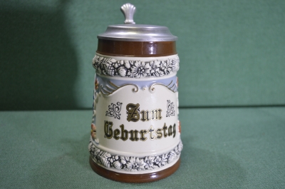 Кружка пивная, с крышкой. Zun Veburstag. Цветы. Керамика, Германия.