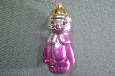 Елочная стеклянная игрушка "Кот в сапогах. Зеленый плащ". Стекло, подвес. #3. СССР.