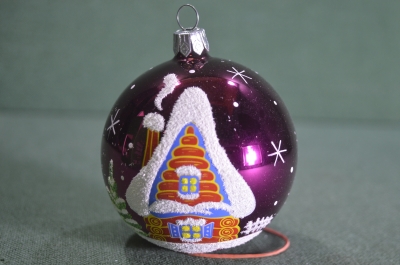 Елочная игрушка из стекла "Шар N 4, Иней, Избушка". Шарик, стекло. Клин, "Елочка".