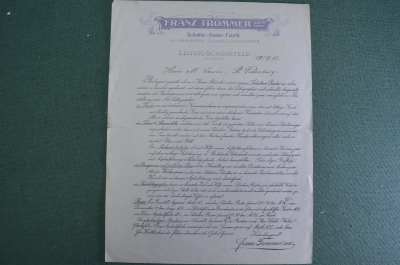 Письмо старинное, в Петербург М. Левину от немецкого фабриканта. Franz Trommer. 1911 год.
