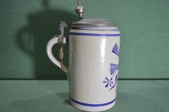 Кружка пивная керамическая. Большая, с крышкой, на 1 литр. Колосья, цветы. Керамика. Германия.