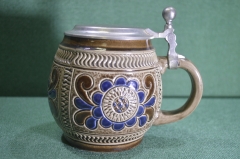 Кружка пивная керамическая, с крышкой. Цветочные узоры. Керамика, Германия. 