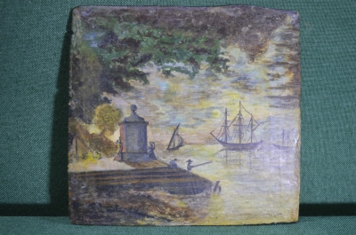 Картина старинная "На берегу залива". Мини. Фанера, масло. До 1917 года.