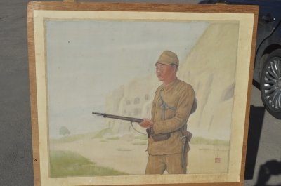 Картина "Японский военный, охраняющий объект в Китае". Холст, акварель. Япония. 1940е. 
