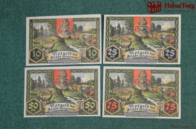 Нотгельды, боны, банкноты 10, 25, 50, 75 пфеннигов 1921 год, Хагенов (Мекленбург-Шверин), Германия
