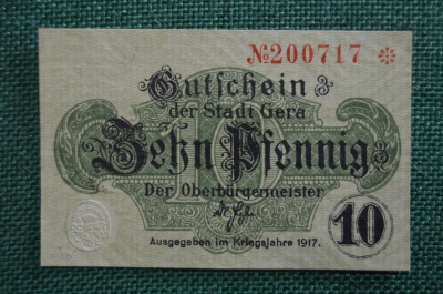Нотгельд 10 пфеннигов 1917, Gera (Гера), Германия