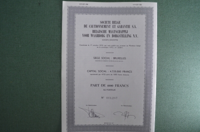 Акция на 100 франков Бельгийской страховой и гарантийной компании, 1973 г. 