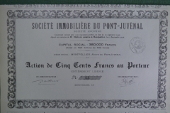 Акция на 500 франков общества "Риэлторская компания Pont Juvenal", Франция, 1932 год
