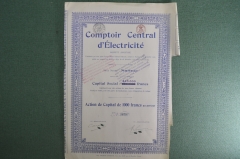 Центральный Электросчетчик. Comptoir Central d'Elecrticite. Акция на 1000 франков. Бельгия, 1923 год