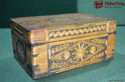 Старинная деревянная шкатулка, инкрустация соломкой. Дерево, солома. 1970 г. Винтаж.
